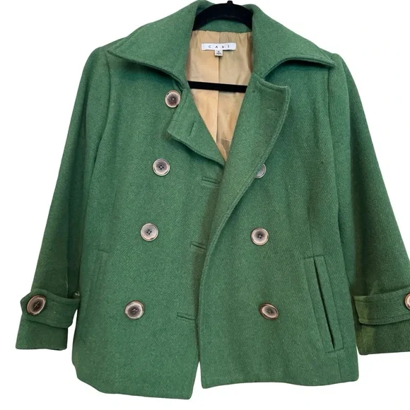 CAbi Cropped Pea Coat Wool Blend in Green - Picture 1 of 10